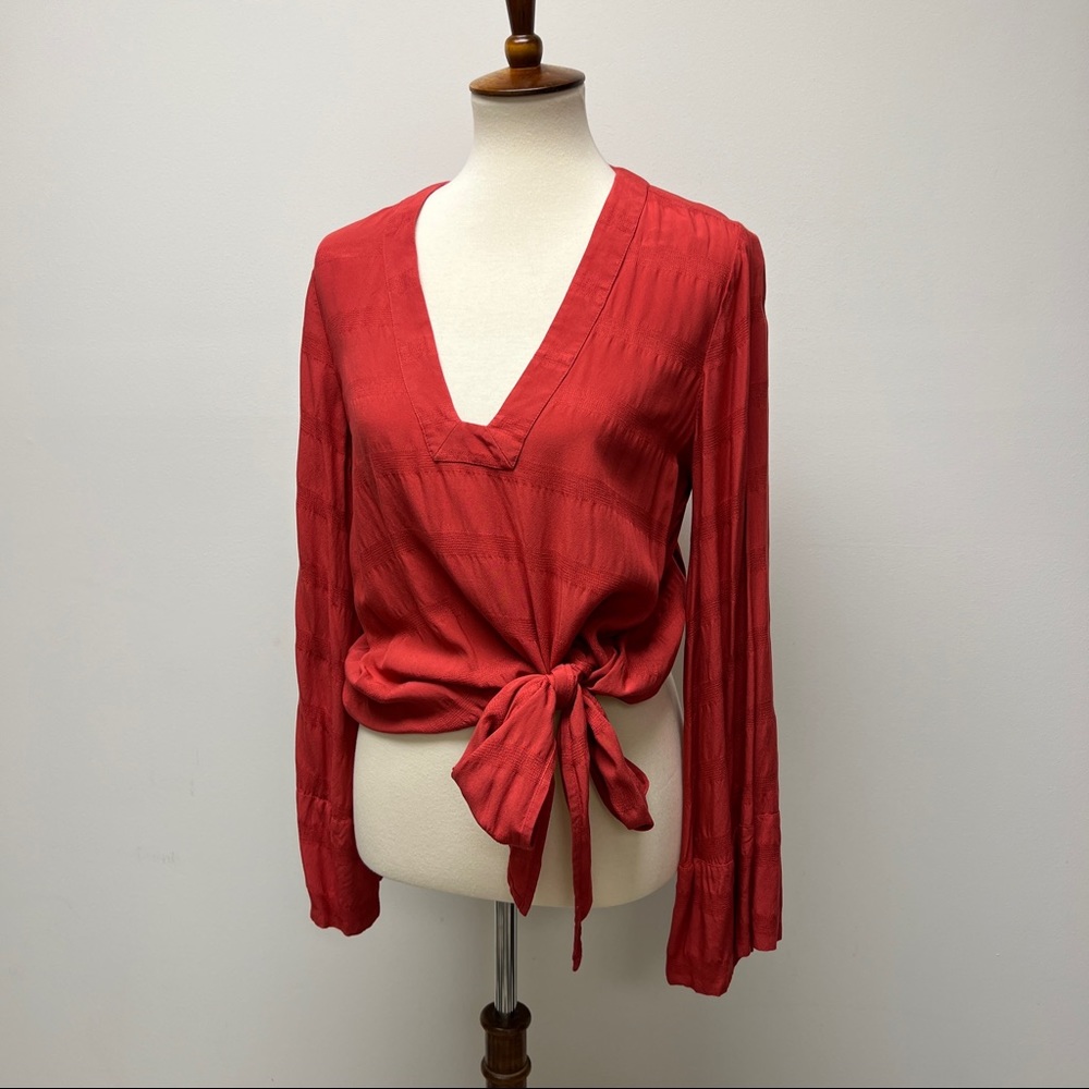 Free People Bell Sleeve Coral Tie Up Top